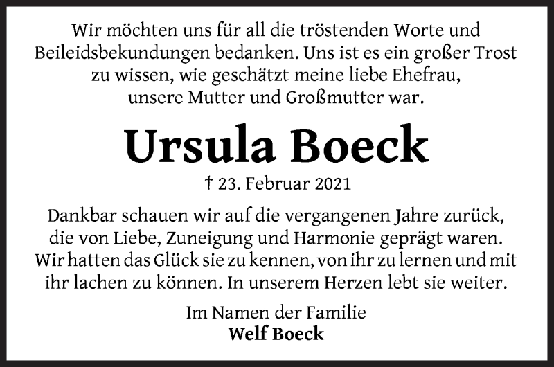 Traueranzeige von Ursula Boeck von WESER-KURIER