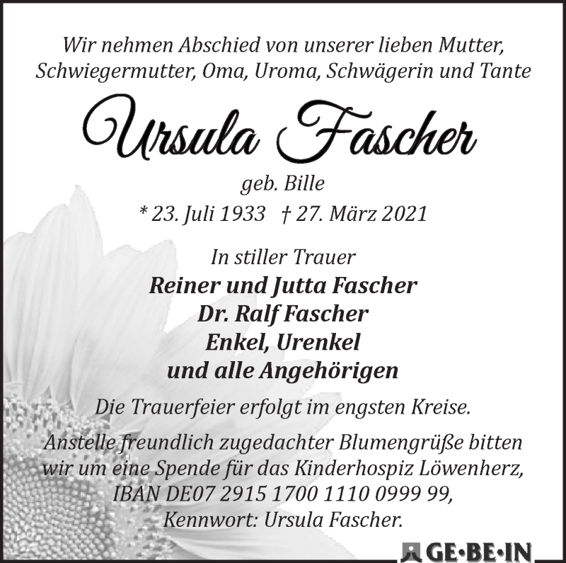 Traueranzeige von Ursula Fascher von Die Norddeutsche