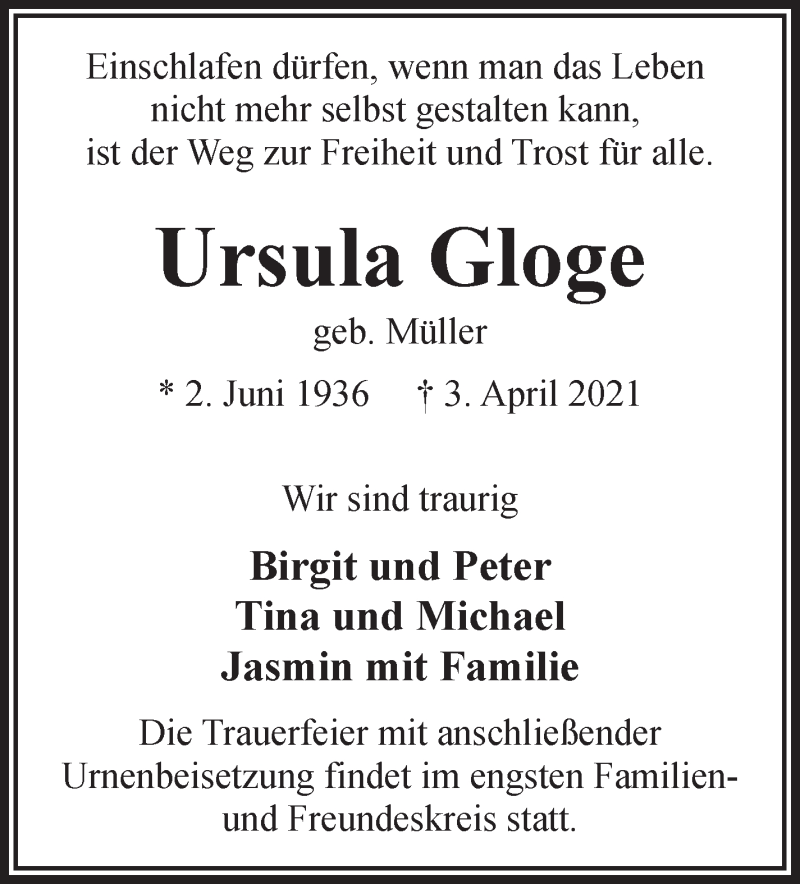  Traueranzeige für Ursula Gloge vom 10.04.2021 aus WESER-KURIER