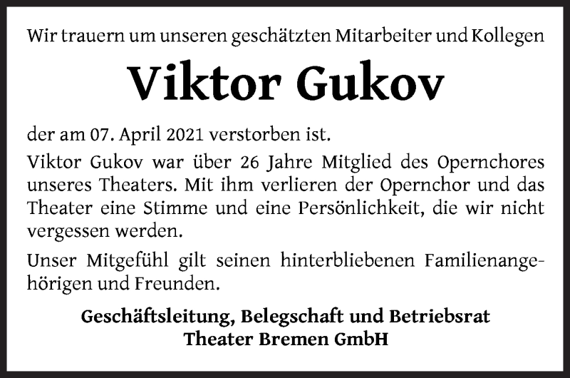 Traueranzeige von Viktor Gukov von WESER-KURIER