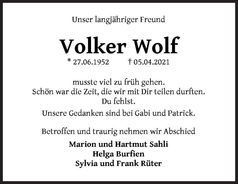  Traueranzeige für Volker Wolf vom 10.04.2021 aus WESER-KURIER