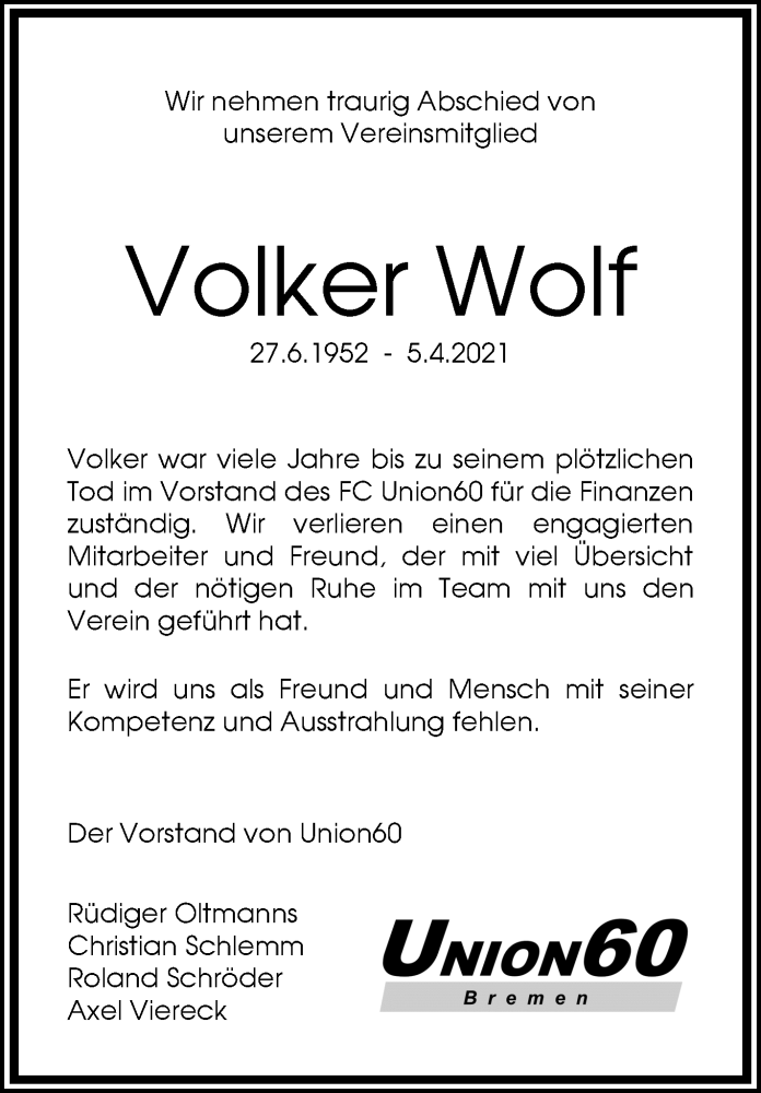  Traueranzeige für Volker Wolf vom 10.04.2021 aus WESER-KURIER