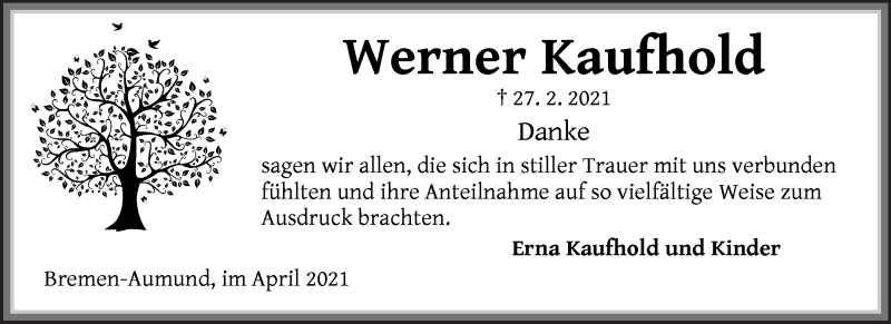 Traueranzeige von Werner Kaufhold von Die Norddeutsche