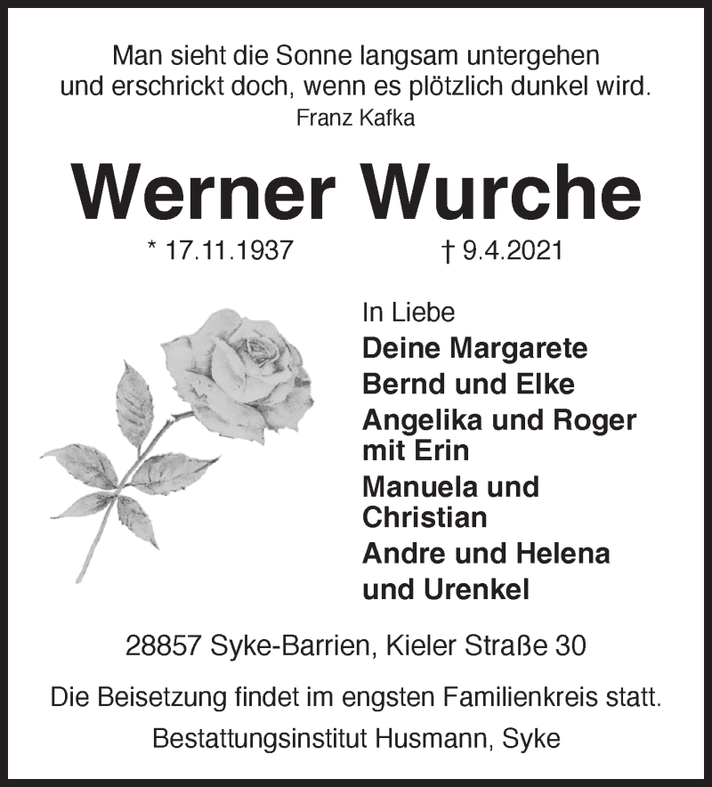 Traueranzeige von Werner Wurche von WESER-KURIER
