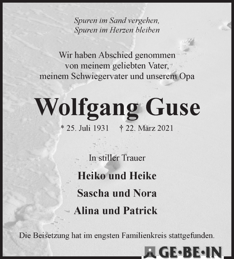 Traueranzeige von Wolfgang Guse von WESER-KURIER