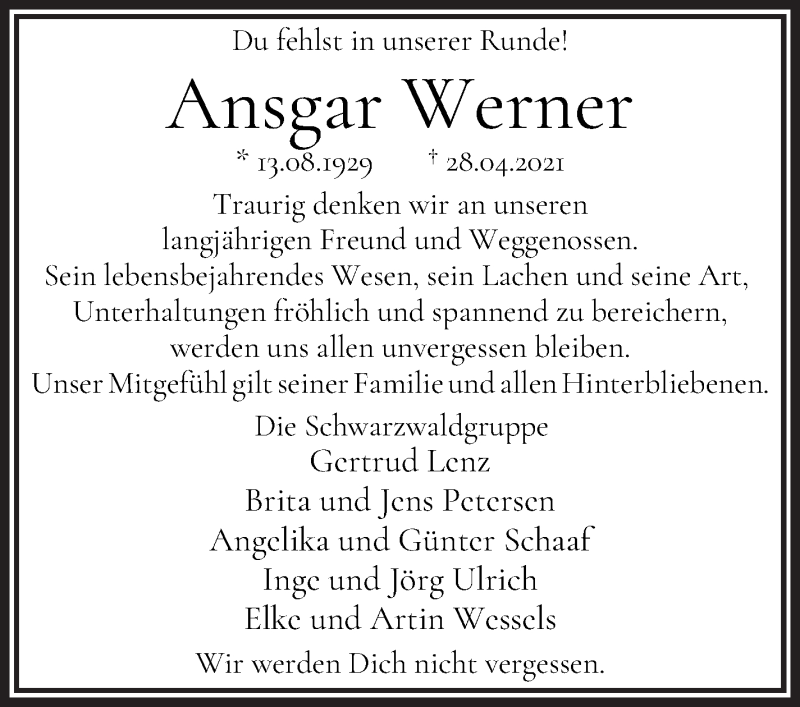  Traueranzeige für Ansgar Werner vom 08.05.2021 aus WESER-KURIER