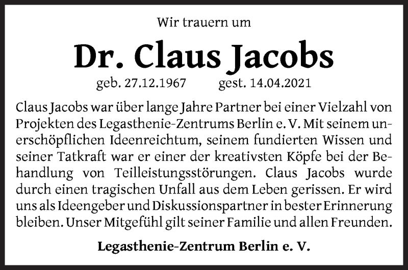  Traueranzeige für Claus Jacobs vom 03.05.2021 aus WESER-KURIER