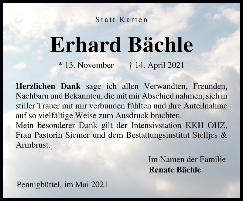  Traueranzeige für Erhard Bächle vom 08.05.2021 aus Osterholzer Kreisblatt