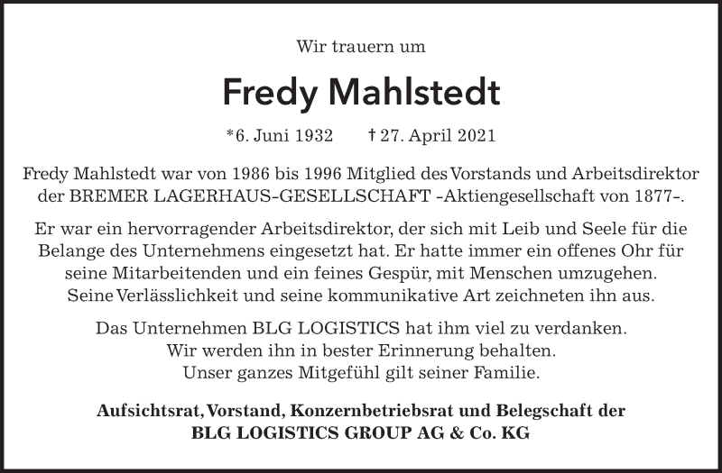  Traueranzeige für Fredy Mahlstedt vom 08.05.2021 aus WESER-KURIER