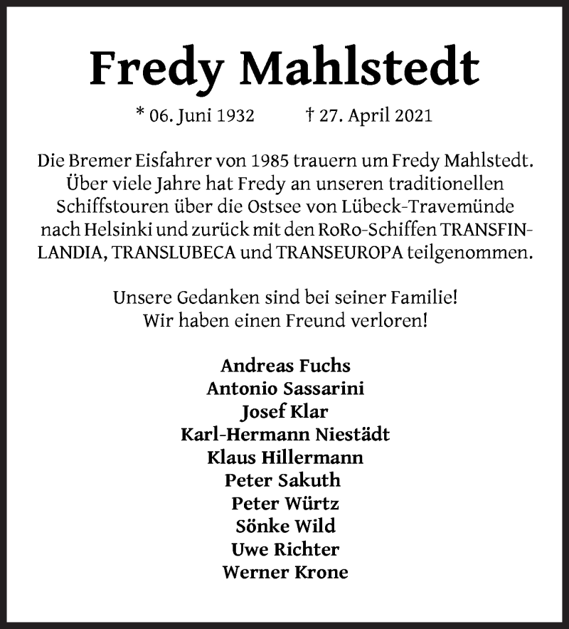  Traueranzeige für Fredy Mahlstedt vom 08.05.2021 aus WESER-KURIER
