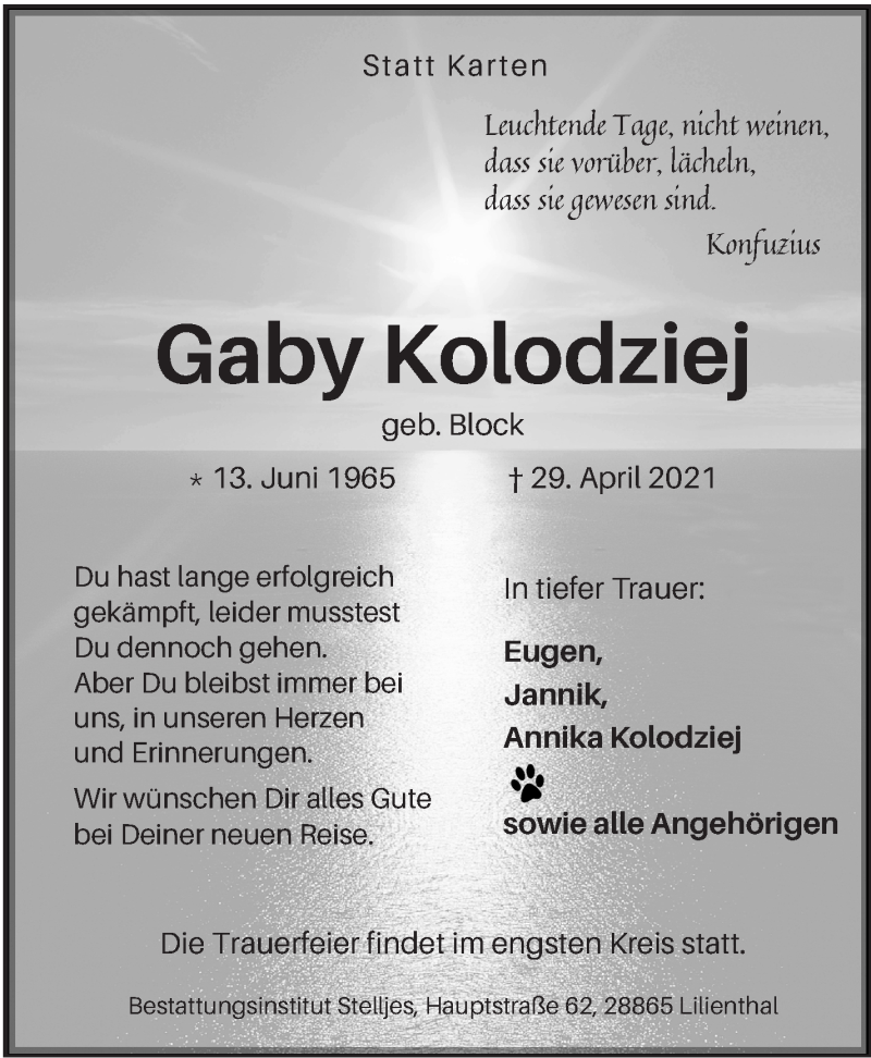  Traueranzeige für Gaby Kolodziej vom 04.05.2021 aus Wuemme Zeitung