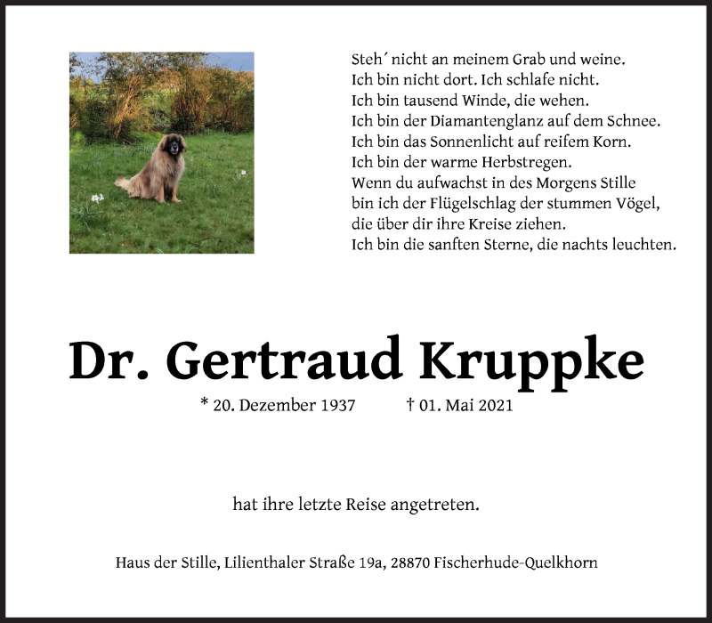  Traueranzeige für Gertraud Kruppke vom 05.05.2021 aus WESER-KURIER