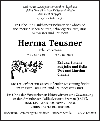 Traueranzeige von Herma Teusner