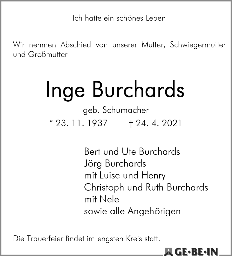 Traueranzeige von Inge Burchards von WESER-KURIER