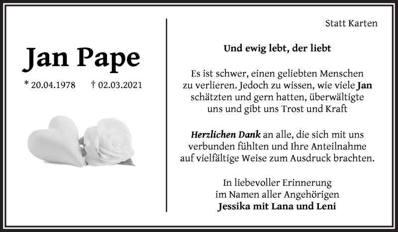  Traueranzeige für Jan Pape vom 08.05.2021 aus Osterholzer Kreisblatt