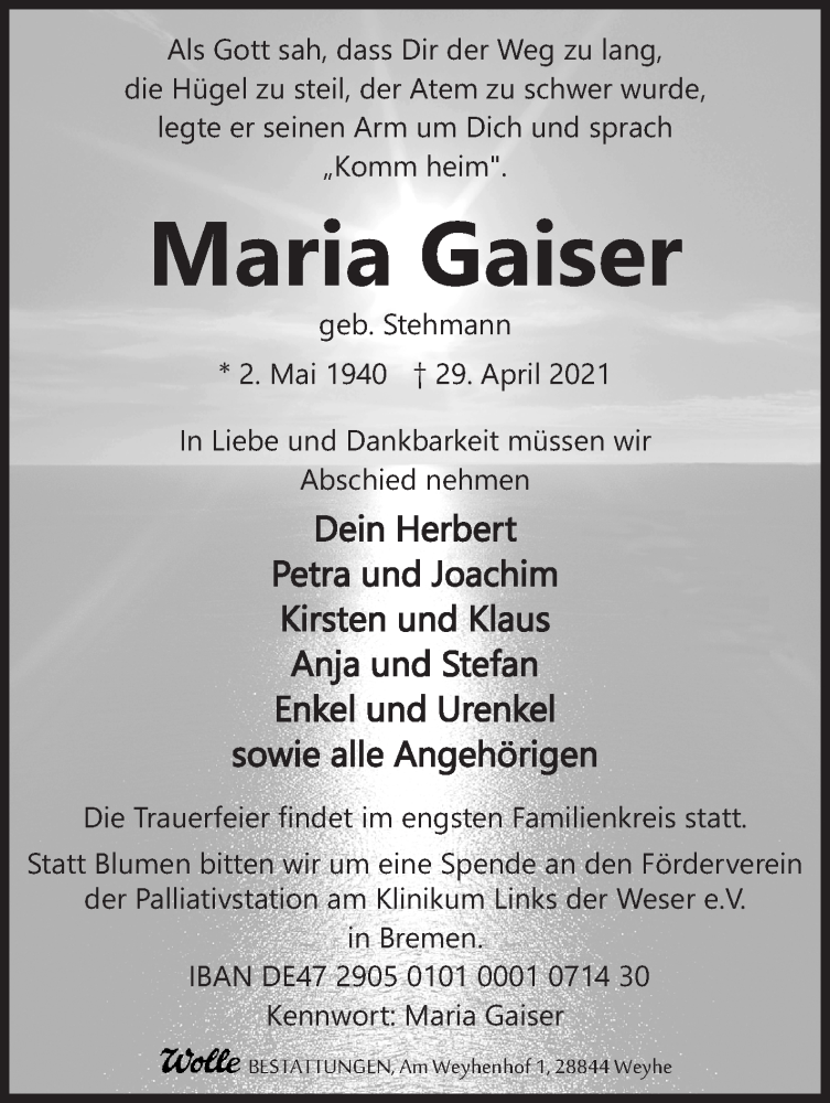  Traueranzeige für Maria Gaiser vom 05.05.2021 aus WESER-KURIER