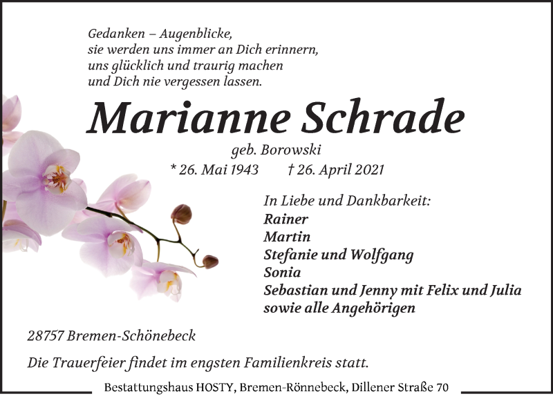  Traueranzeige für Marianne Schrade vom 05.05.2021 aus Die Norddeutsche