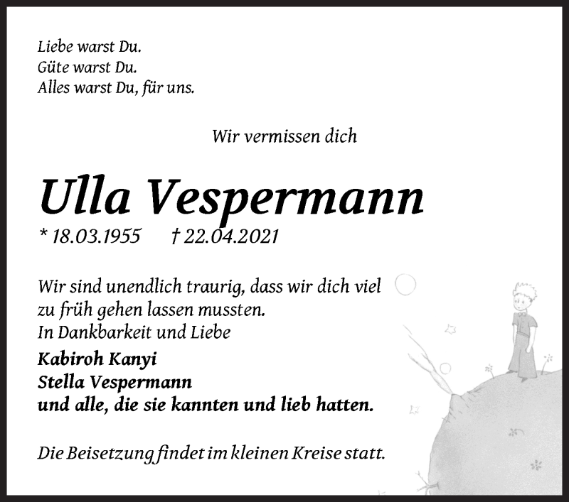  Traueranzeige für Ulla Vespermann vom 07.05.2021 aus WESER-KURIER