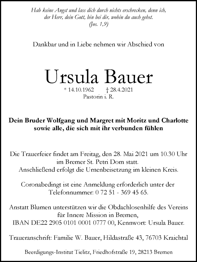  Traueranzeige für Ursula Bauer vom 08.05.2021 aus WESER-KURIER