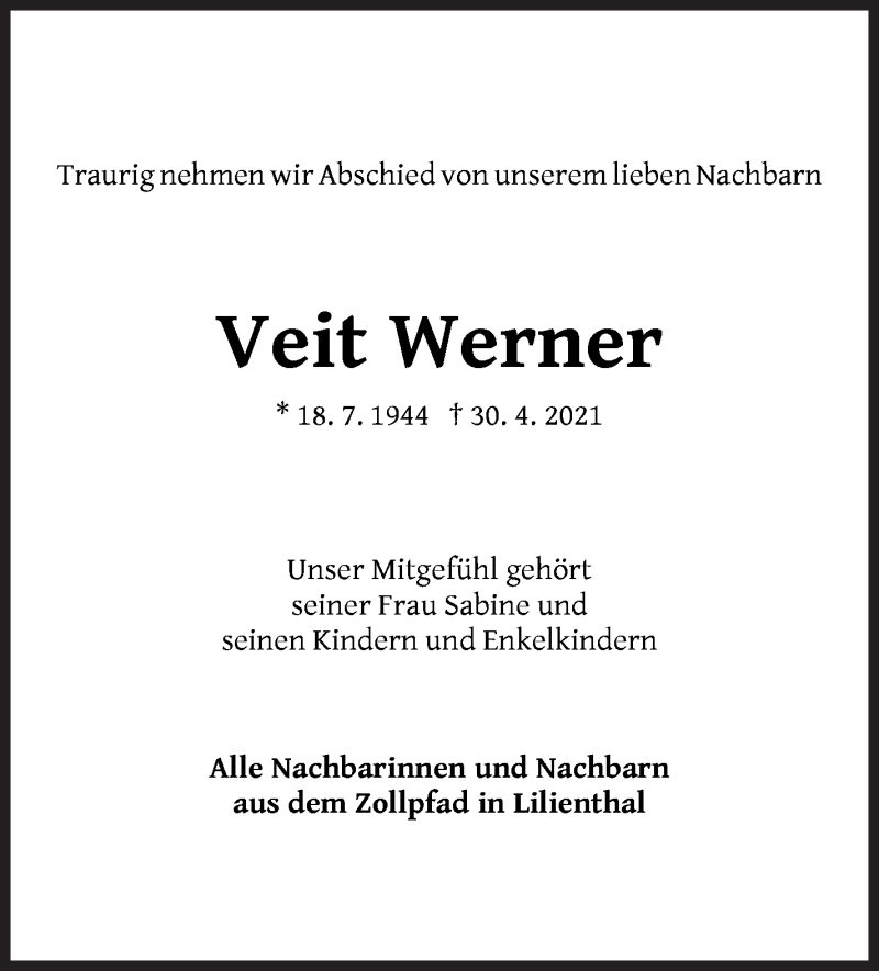  Traueranzeige für Veit Werner vom 08.05.2021 aus Wuemme Zeitung