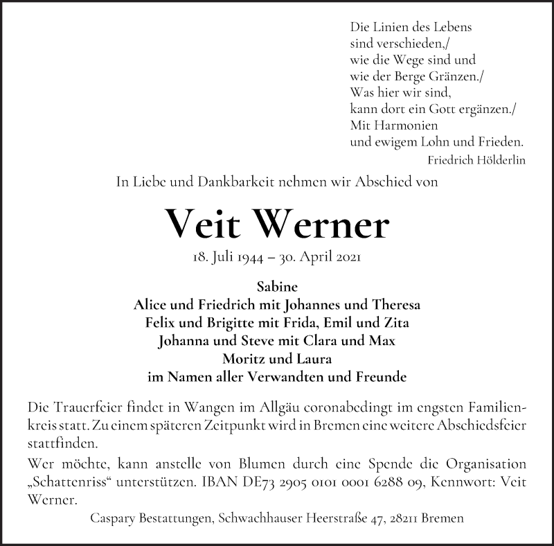  Traueranzeige für Veit Werner vom 08.05.2021 aus WESER-KURIER