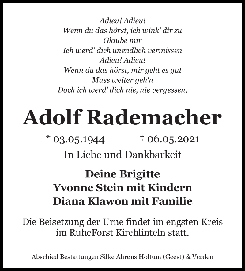  Traueranzeige für Adolf Rademacher vom 11.05.2021 aus Achimer Kurier/Verdener Nachrichten