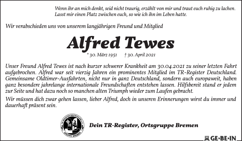 Traueranzeige von Alfred Tewes von WESER-KURIER