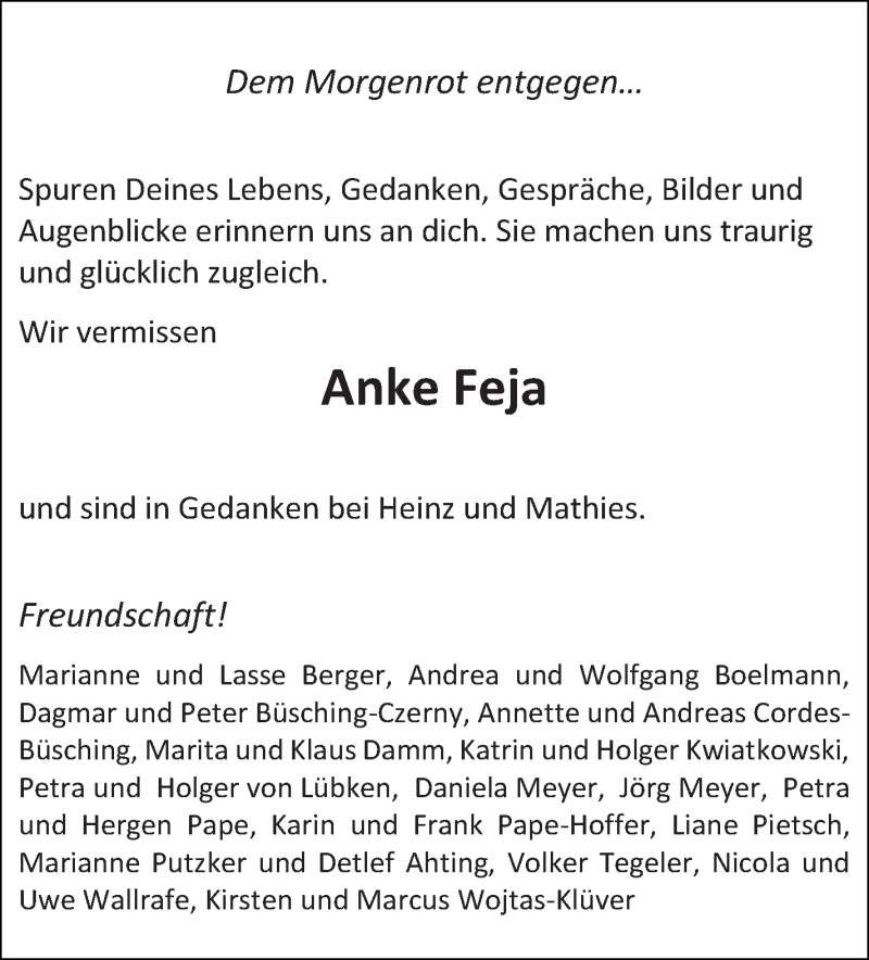  Traueranzeige für Anke Feja vom 15.05.2021 aus Die Norddeutsche