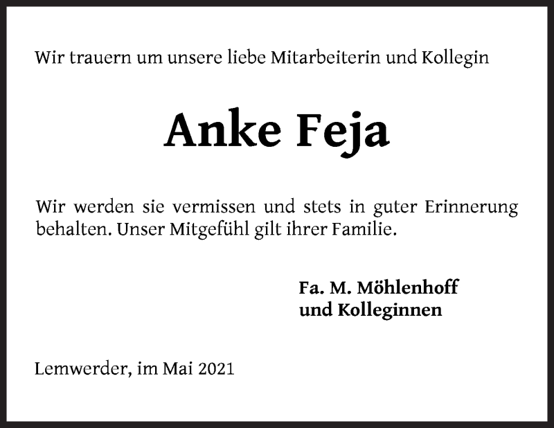  Traueranzeige für Anke Feja vom 11.05.2021 aus Die Norddeutsche