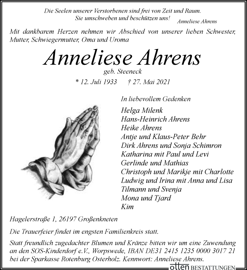 Traueranzeige von Anneliese Ahrens von Osterholzer Kreisblatt