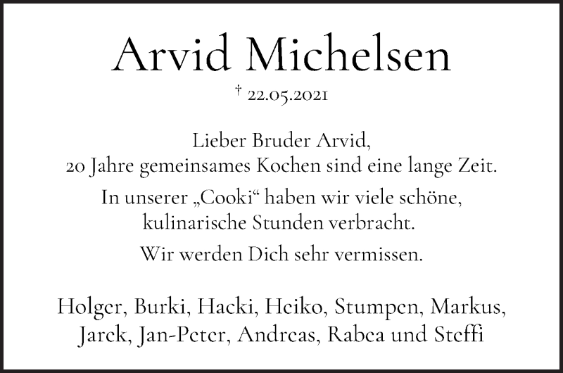  Traueranzeige für Arvid Michelsen vom 29.05.2021 aus WESER-KURIER
