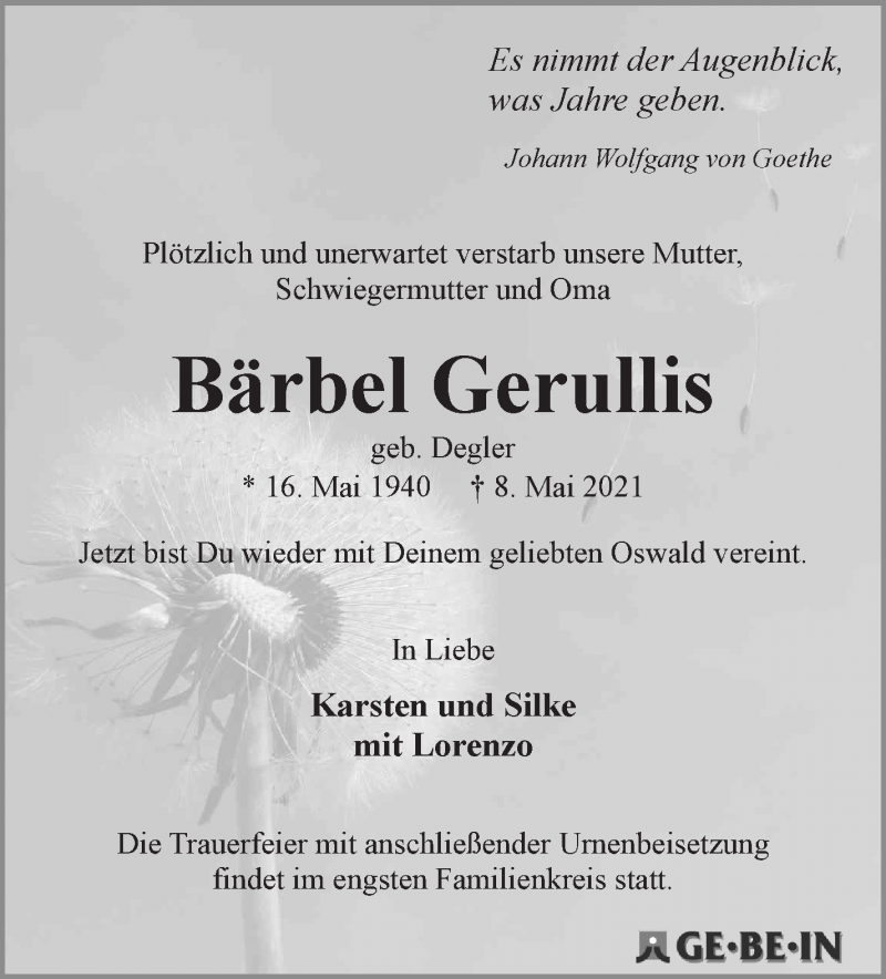  Traueranzeige für Bärbel Gerullis vom 22.05.2021 aus WESER-KURIER