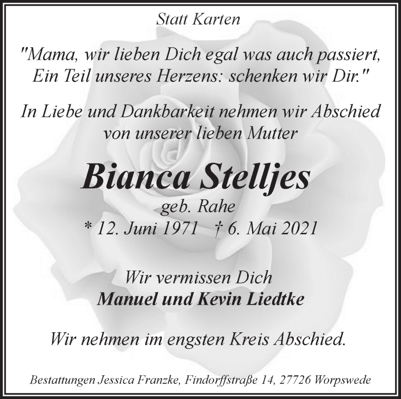  Traueranzeige für Bianca Stelljes vom 12.05.2021 aus Wuemme Zeitung