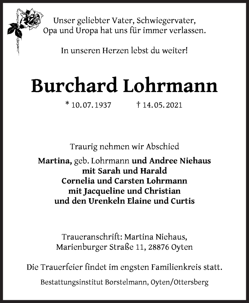  Traueranzeige für Burchard Lohrmann vom 19.05.2021 aus WESER-KURIER