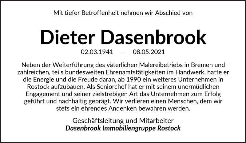  Traueranzeige für Dieter Dasenbrook vom 15.05.2021 aus WESER-KURIER
