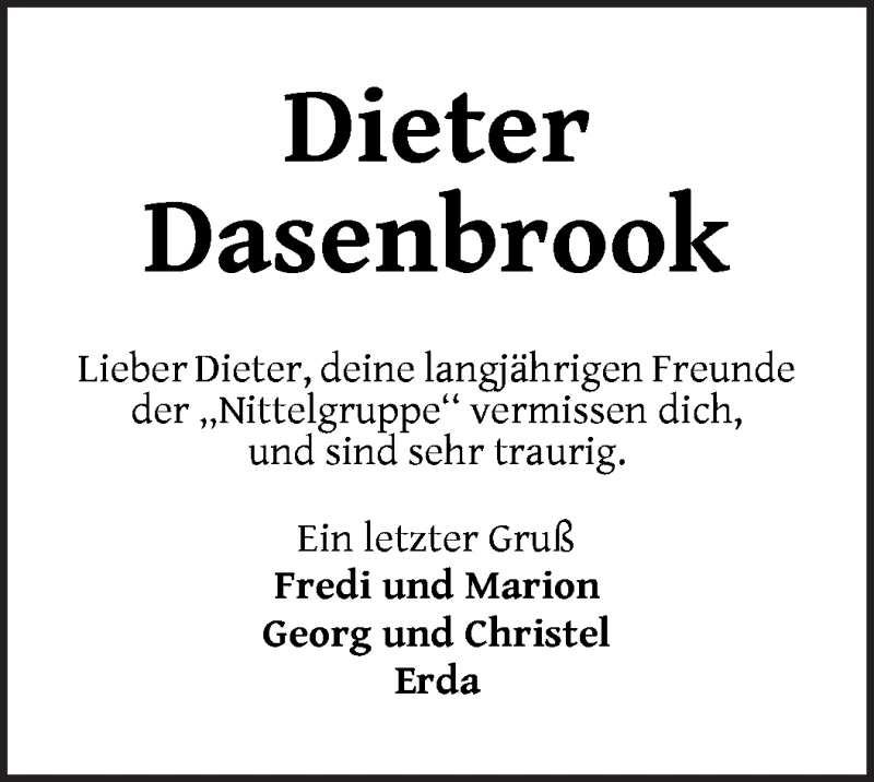  Traueranzeige für Dieter Dasenbrook vom 15.05.2021 aus WESER-KURIER