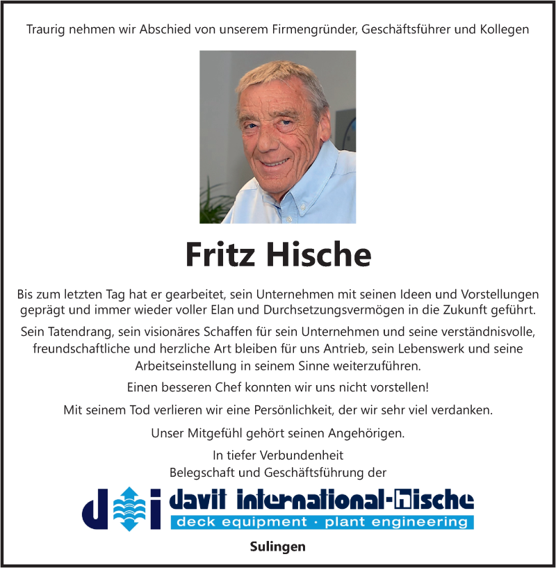  Traueranzeige für Fritz Hische vom 12.05.2021 aus WESER-KURIER