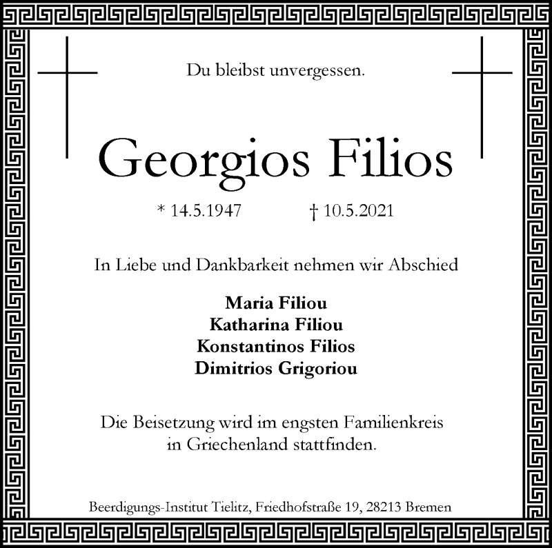 Traueranzeige von Georgios Filios von WESER-KURIER