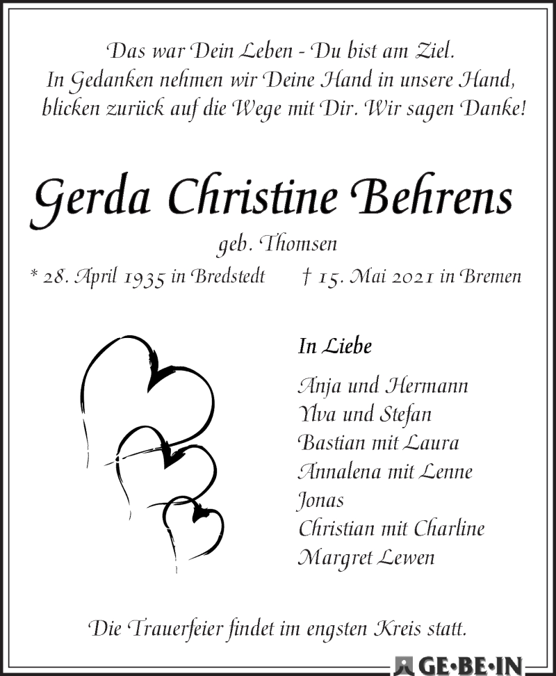  Traueranzeige für Gerda Christine Behrens vom 22.05.2021 aus WESER-KURIER