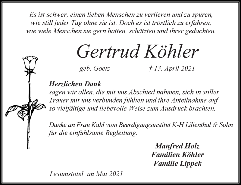 Traueranzeige von Getrud Köhler von Osterholzer Kreisblatt