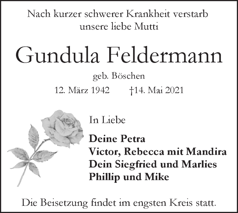 Traueranzeige von Gundula Feldermann von WESER-KURIER