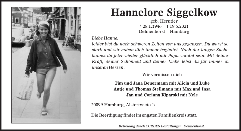  Traueranzeige für Hannelore Siggelkow vom 27.05.2021 aus WESER-KURIER