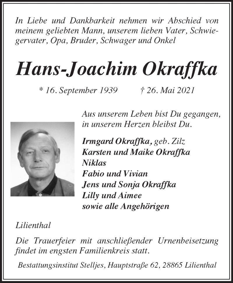  Traueranzeige für Hans-Joachim Okraffka vom 29.05.2021 aus Wuemme Zeitung