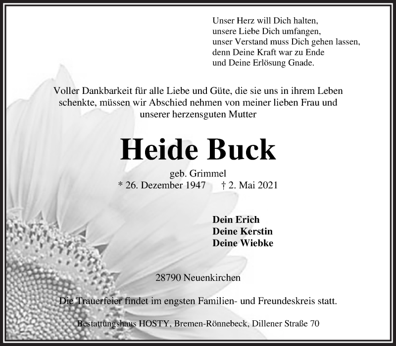 Traueranzeige von Heide Buck von Die Norddeutsche