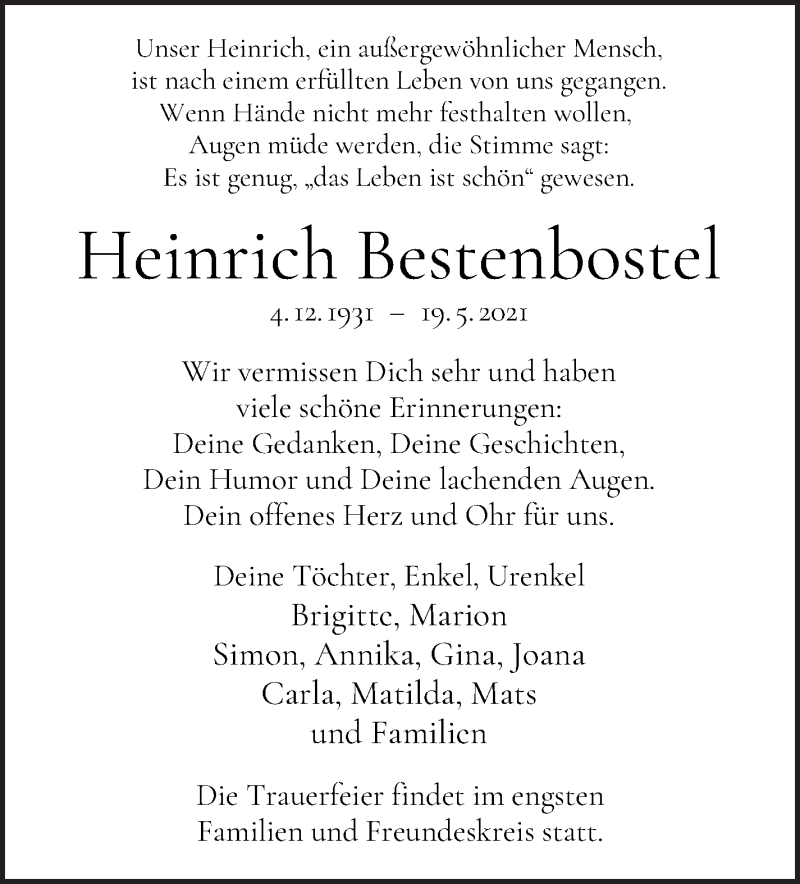Traueranzeige von Heinrich Bestenbostel von WESER-KURIER