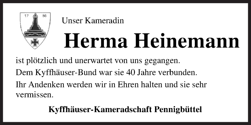 Traueranzeige von Herma Heinemann von Osterholzer Kreisblatt