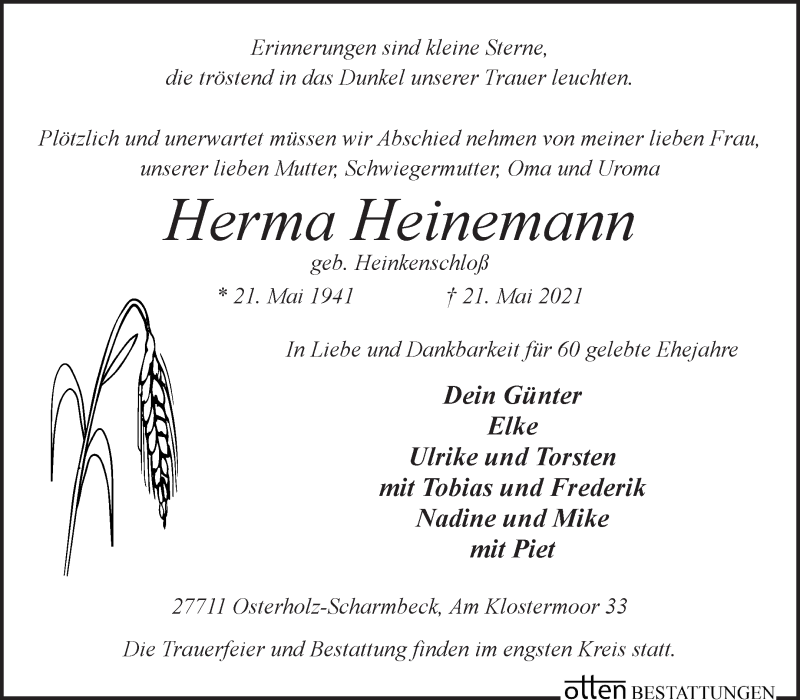 Traueranzeige von Herma Heinemann von Osterholzer Kreisblatt