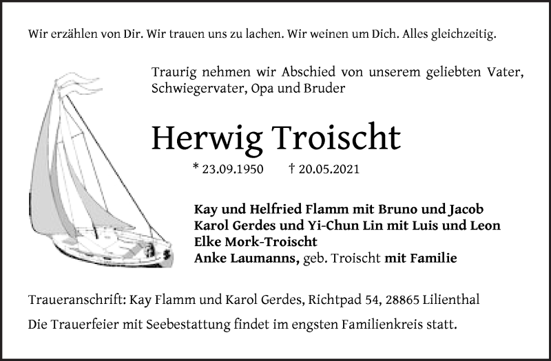  Traueranzeige für Herwig Troischt vom 29.05.2021 aus WESER-KURIER