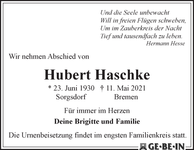 Traueranzeige von Hubert Haschke von WESER-KURIER
