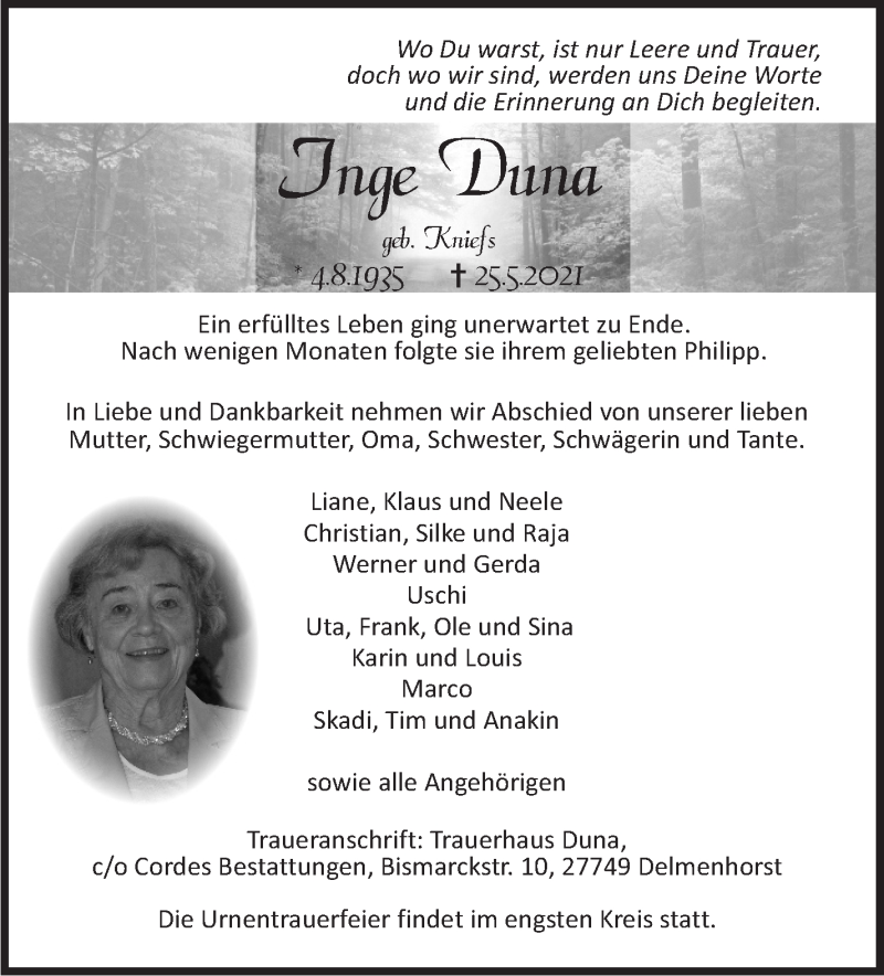  Traueranzeige für Inge Duna vom 29.05.2021 aus WESER-KURIER